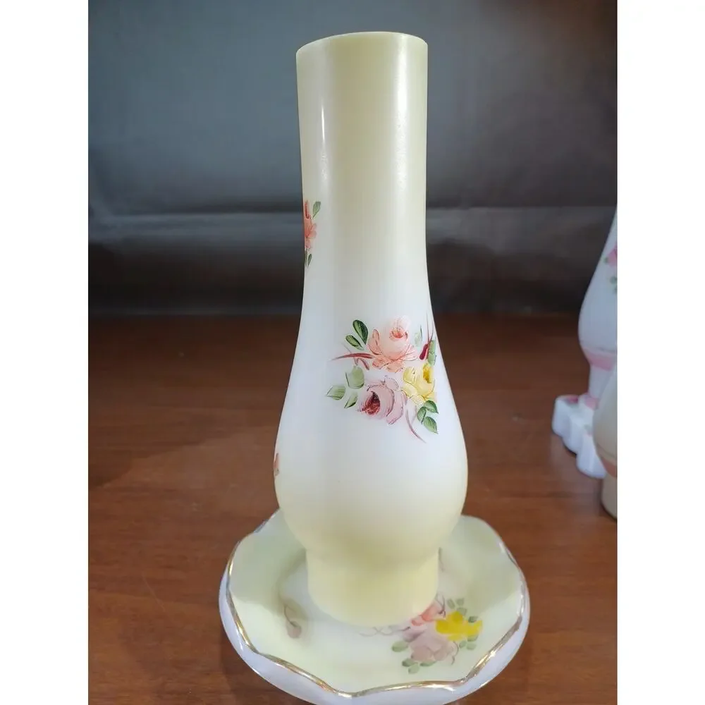 vintage Hand Paint milk glass Floral Pattern hurricane lamp chimney shade /Base